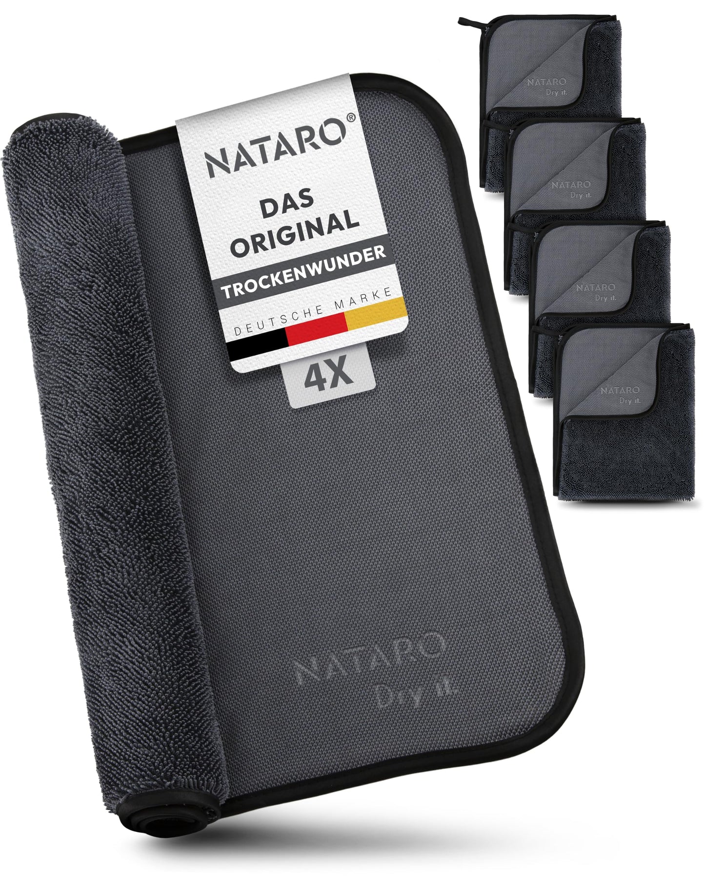 NATARO® 4 gab. ātri žūstošs mikrošķiedras dvielis dušas kabīnei, auto, mājai, kempingam – oriģināls – īpaši uzsūcošs, bez plūksnām, neskrāpējošs Shiny Wipes 40x50cm
