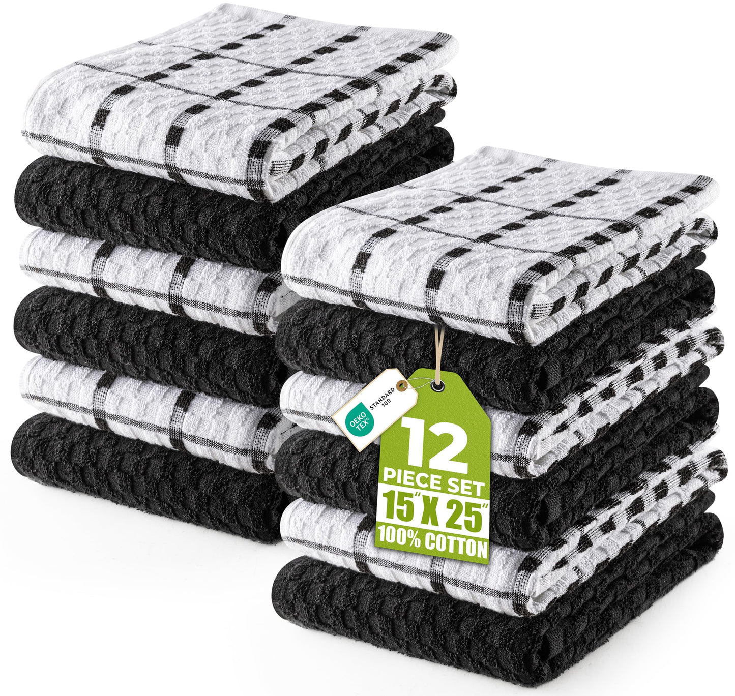 Virtuves dvieļi Utopia Towels, 12 gab., 38 x 64 cm, kokvilnas, melni un balti, mazgājami veļas mašīnā