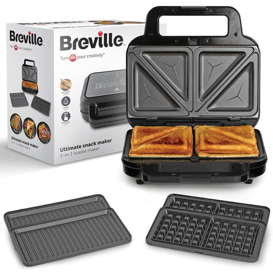 Breville 3-in-1 Ultimate sviestmaižu cepeškrāsns | Papildu dziļas plāksnes sviestmaizēm, vafelēm un panīniem | Izņemamas plāksnes ar nelipīgu pārklājumu | Melns un nerūsējošais tērauds [VST098X] | ES kontaktdakša