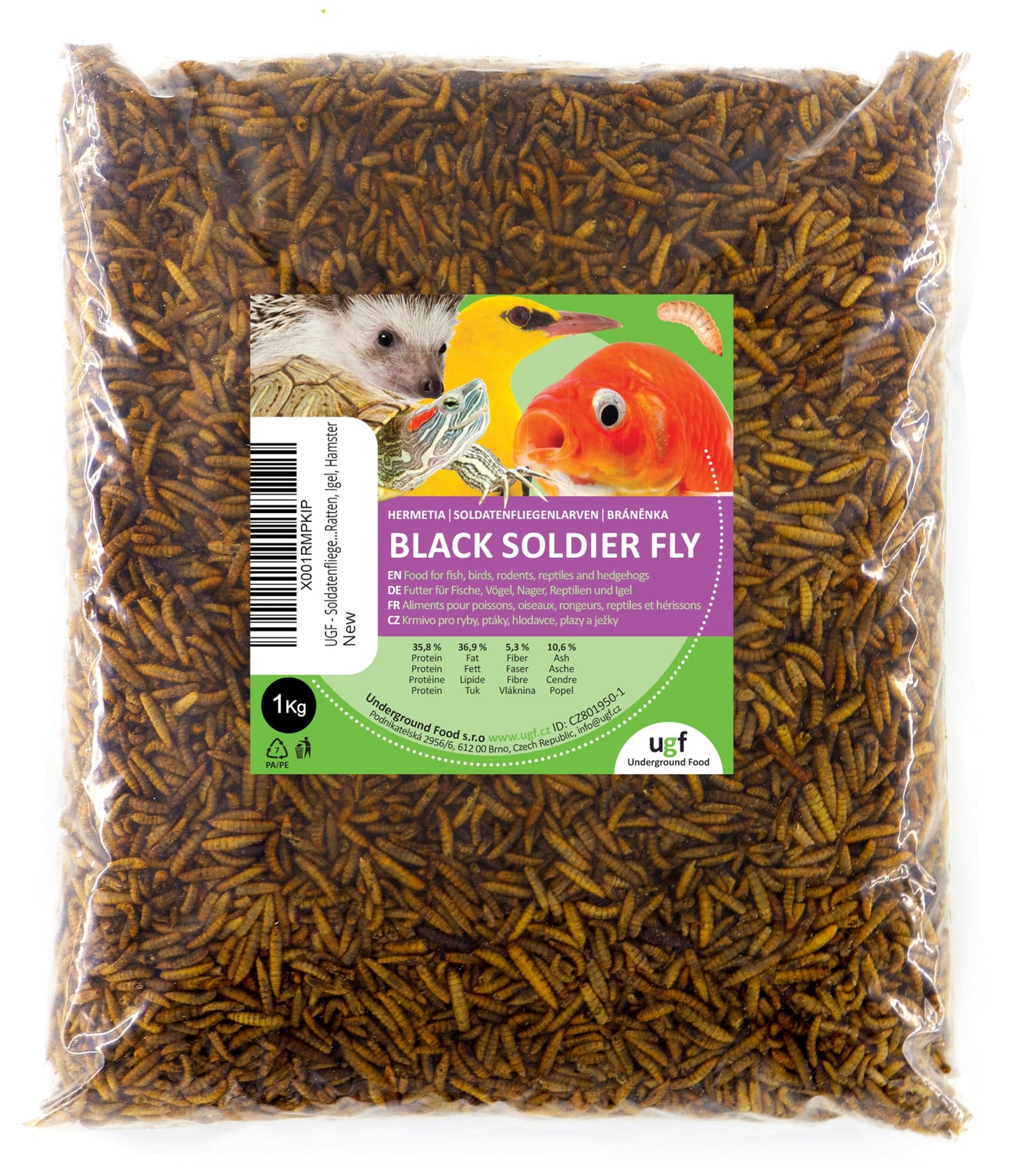 Žāvēti melnās kareivjmušas kāpuri UGF (1 Kg) – 85 reizes vairāk kalcija nekā dzīvos miltu tārpos, BSFL barība savvaļas putniem visu gadu, bruņurupučiem, žurkām, ežiem un kāmjiem