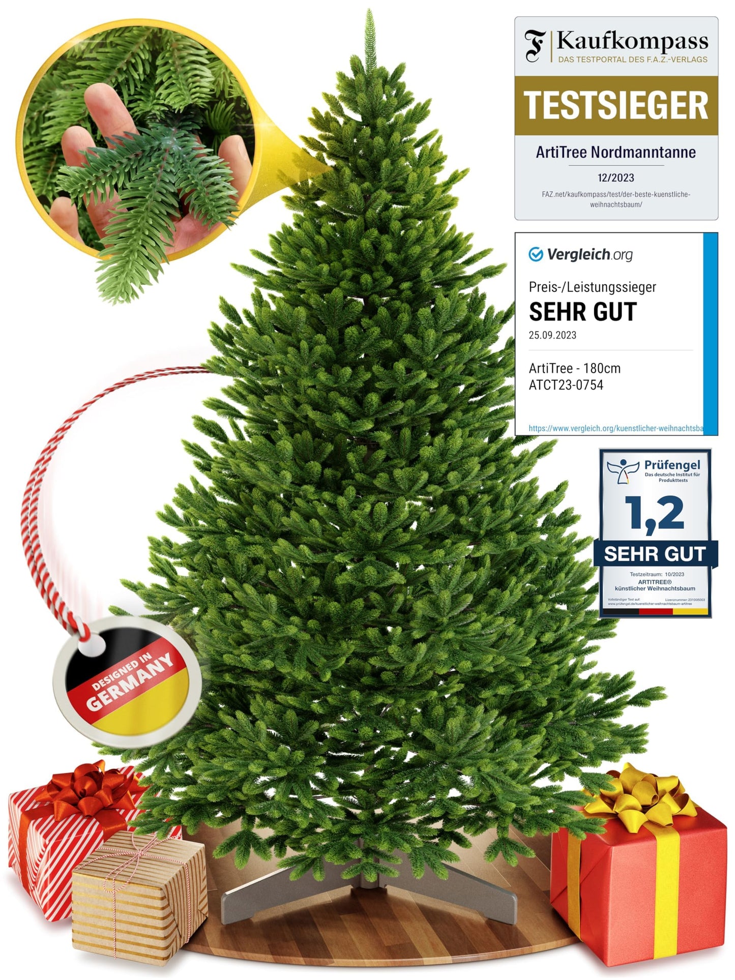 Mākslīgā Ziemassvētku eglīte ArtiTree 180 cm – 100% injekcijas veidā veidota Nordfichte | premium egles imitācija, dabai pietuvināta, ar FSC koka statīvu un uzglabāšanas somu