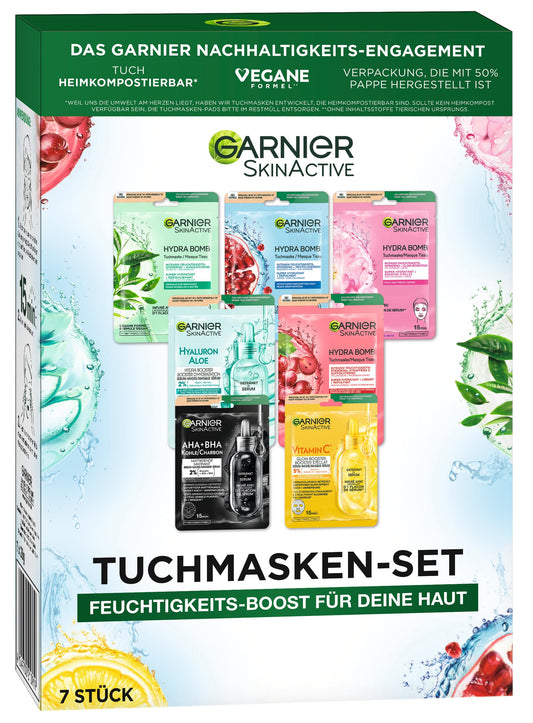 Sejas masku komplekts Garnier Tuchmasken Set, 7 maskas visiem ādas tipiem, sausai un normālai ādai, vegāna formula ar hialuronskābi, Hydra Bomb un Nutri Bomb