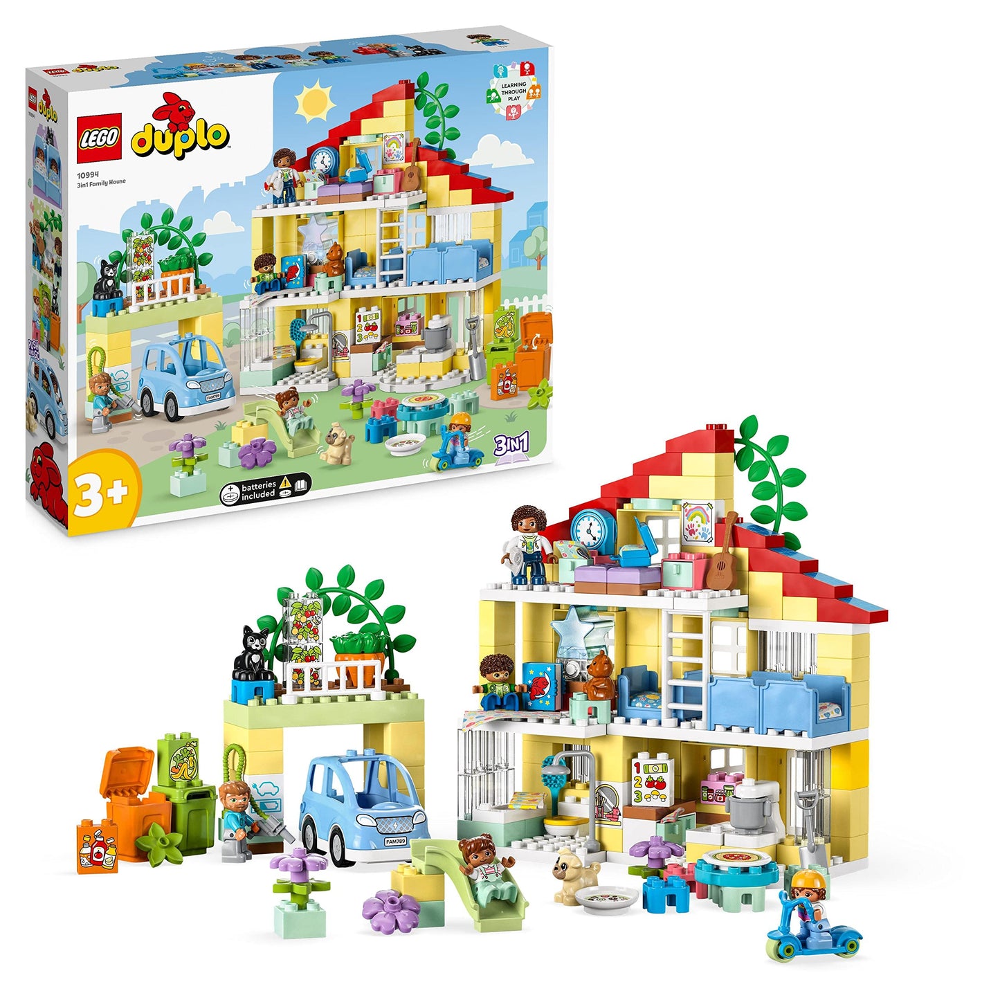 LEGO 10994 DUPLO 3-in-1 ģimenes māja - celtniecības klucīši, Push&Go automašīna, 5 figūras, 2 dzīvnieki, rotaļu lampa.