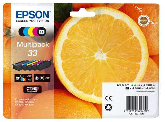 Epson oriģinālā 33 tinte oranža - daudzpaka 5 krāsas, saderīga ar XP-530, XP-630, XP-635, XP-830, XP-540, XP-640, XP-645, XP-900, XP-7100
