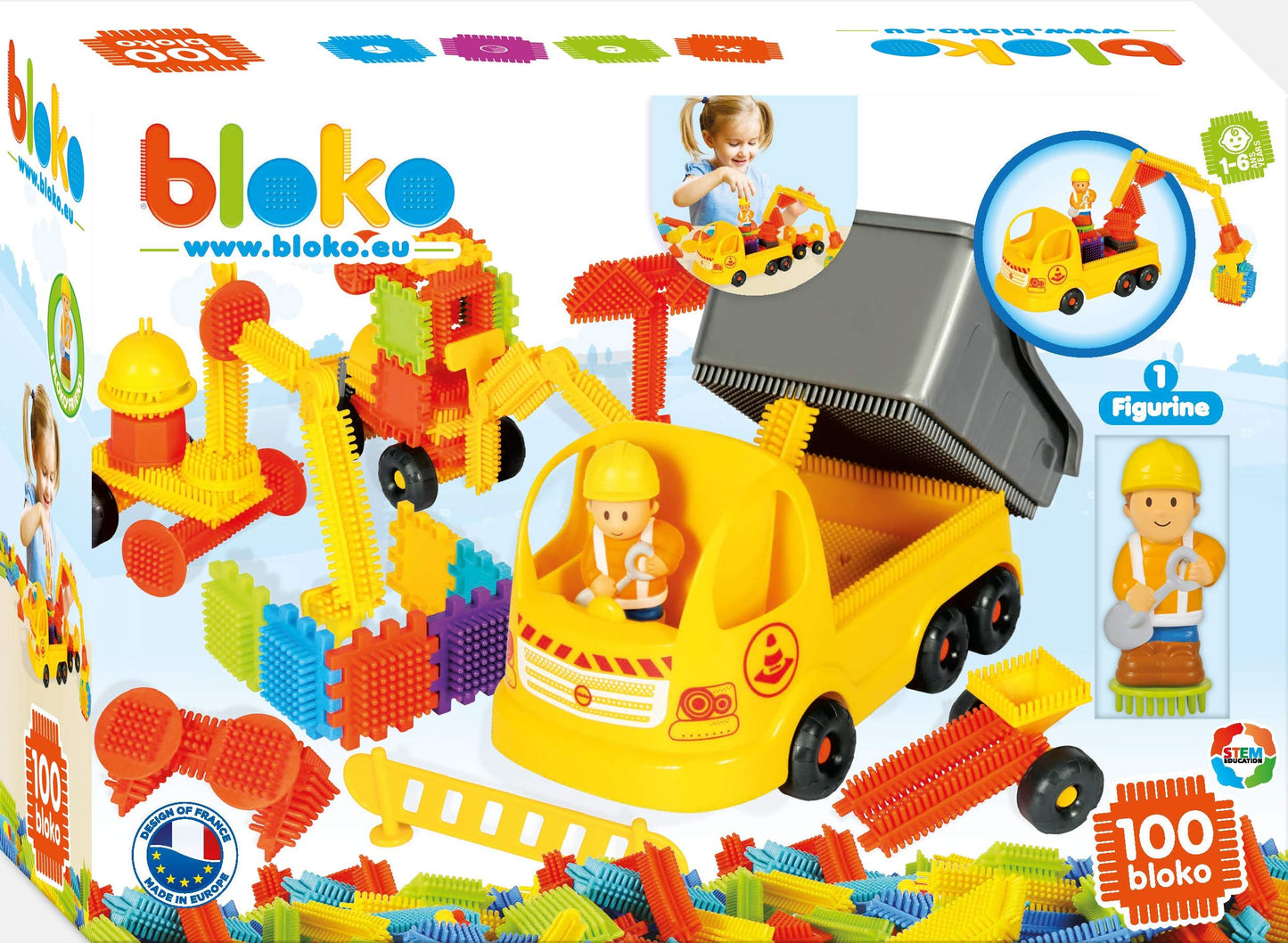 BLOKO 100 gabalu komplekts būvniecības vagons - konstrukcijas rotaļlieta 1. vecumam, attīsta radošumu un motoriku.