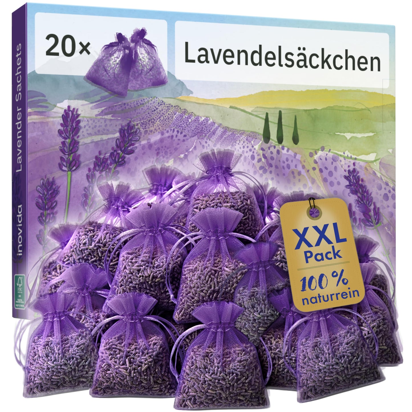 Lavandas smaržsomiņas drēbju skapim: 20x īsts žāvēts lavanda – oriģināls - pret kožu aizsardzība drēbju skapim pret apģērbu kodēm – auto aromāts, telpu aromāts, skapja aromāts – Inovida lavandas maisiņi