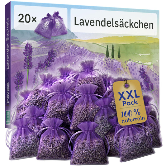 Lavandas smaržsomiņas drēbju skapim: 20x īsts žāvēts lavanda – oriģināls - pret kožu aizsardzība drēbju skapim pret apģērbu kodēm – auto aromāts, telpu aromāts, skapja aromāts – Inovida lavandas maisiņi