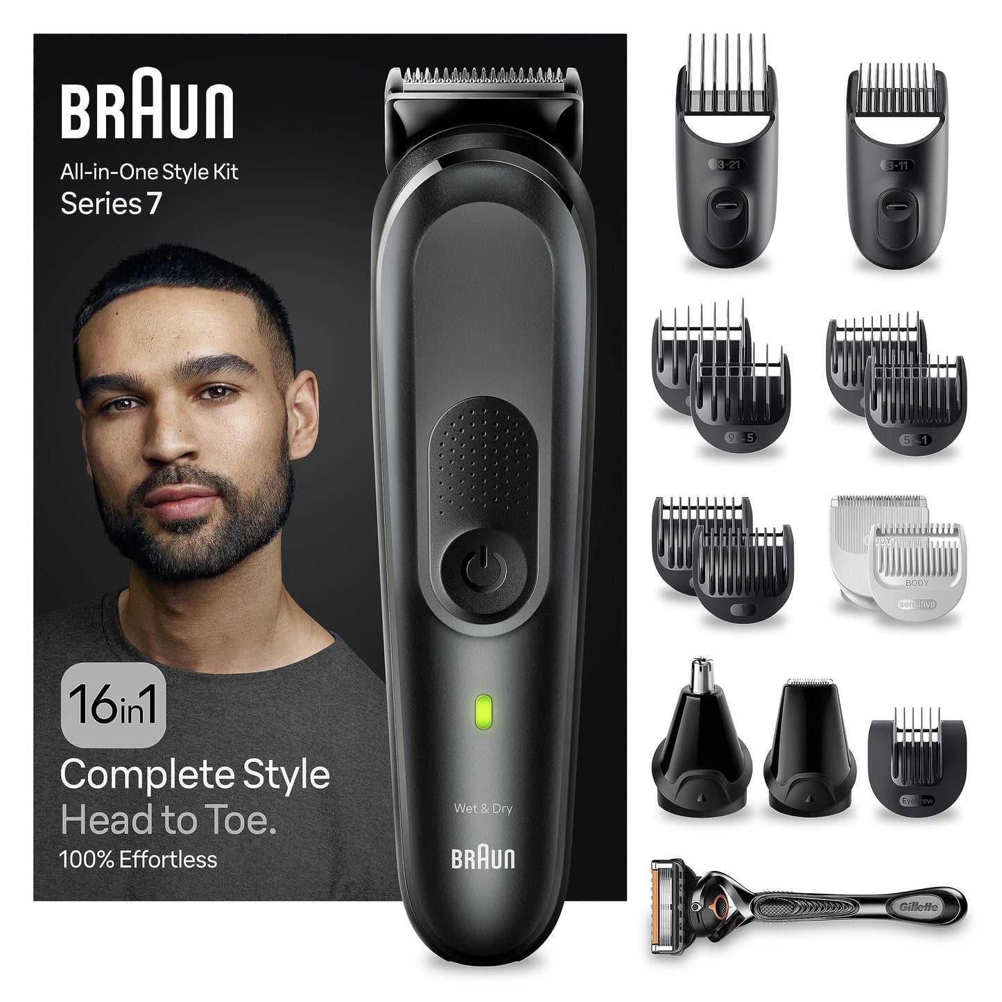 Trimmeris Braun All-In-One Series 7 MGK7470, 16 in 1, ikdienas kopšana vīriešiem, bārda un mati, skūšanās, ausu un deguna apmatojuma noņemšana un vairāk, uzlādes bāze un maciņš, ūdensizturīgs