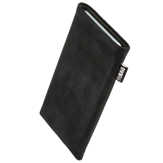 fitBAG Classic melns tālruņa maciņš Apple iPhone 17e / iPhone 16e / iPhone 14/14 Pro, no oriģināla Alcantara ar mikrošķiedras iekšpusi | vāciņš ar tīrīšanas funkciju | Ražots Vācijā