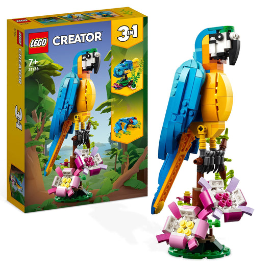 LEGO 31136 Creator 3in1 Exotic Parrot, Frog, and Fish - Jungle animal building toy for kids aged 7+, creative Easter gift.
