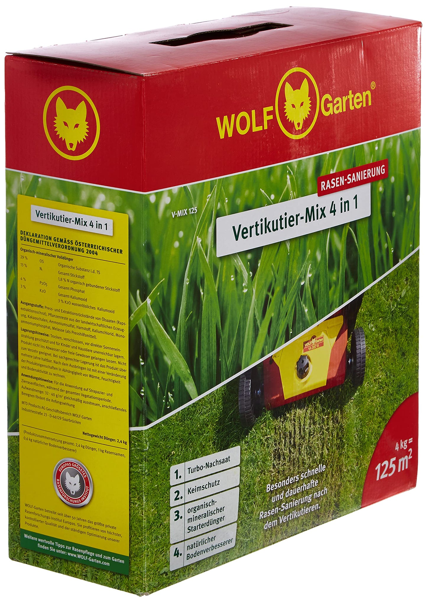 WOLF Garten WOLF-Garten – zāliena piesēšana un mēslošana, vertikulēšanas maisījums 4-in-1, sarkans