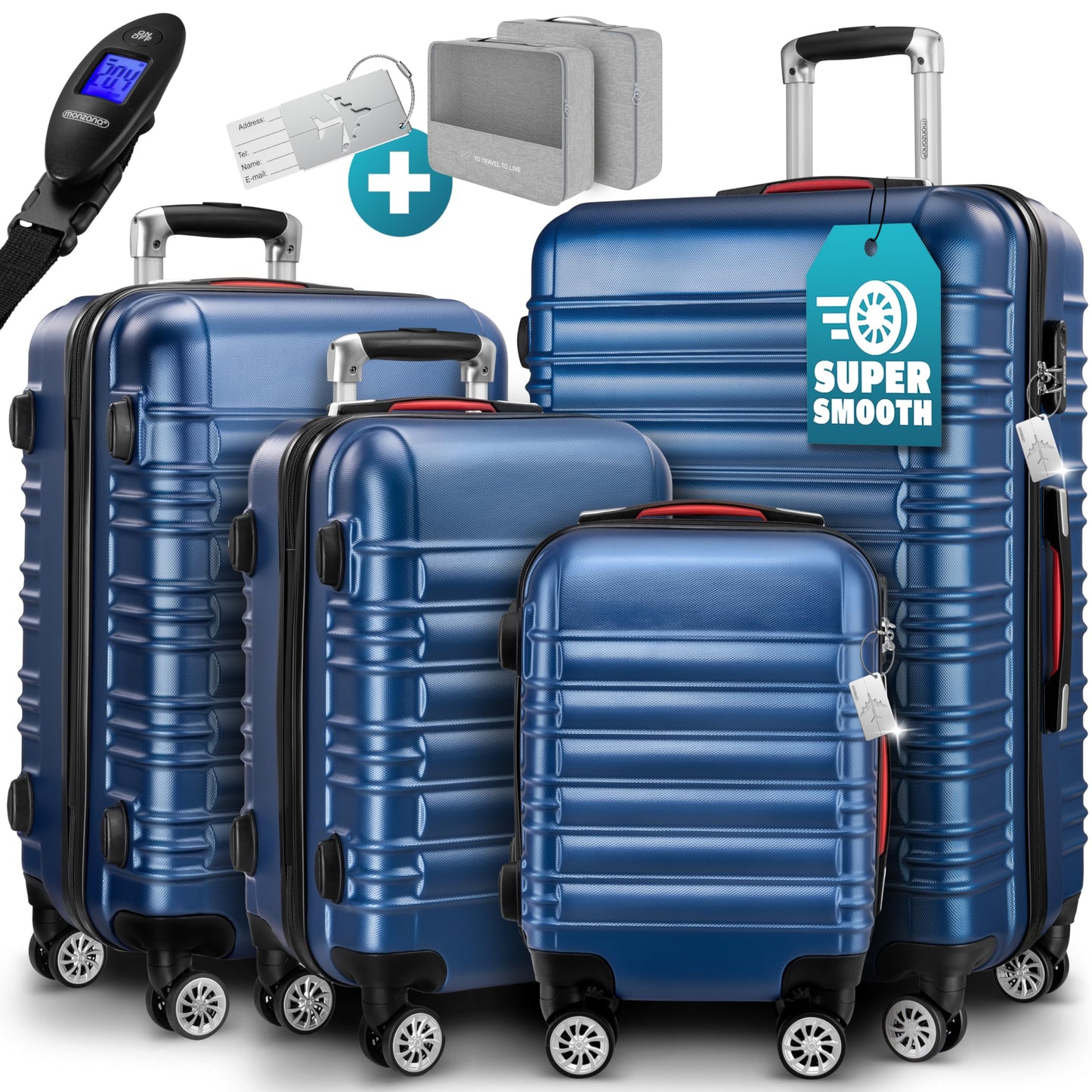 Monzana® 4 daļu koferu komplekts ar slēdzeni, organizatoru, bagāžas svaru, siksnu, gēla rokturiem, dubultriteņiem, balstiem, Trolley ceļojumu koferis ar cieto apvalku, S-M-L-XL, zils