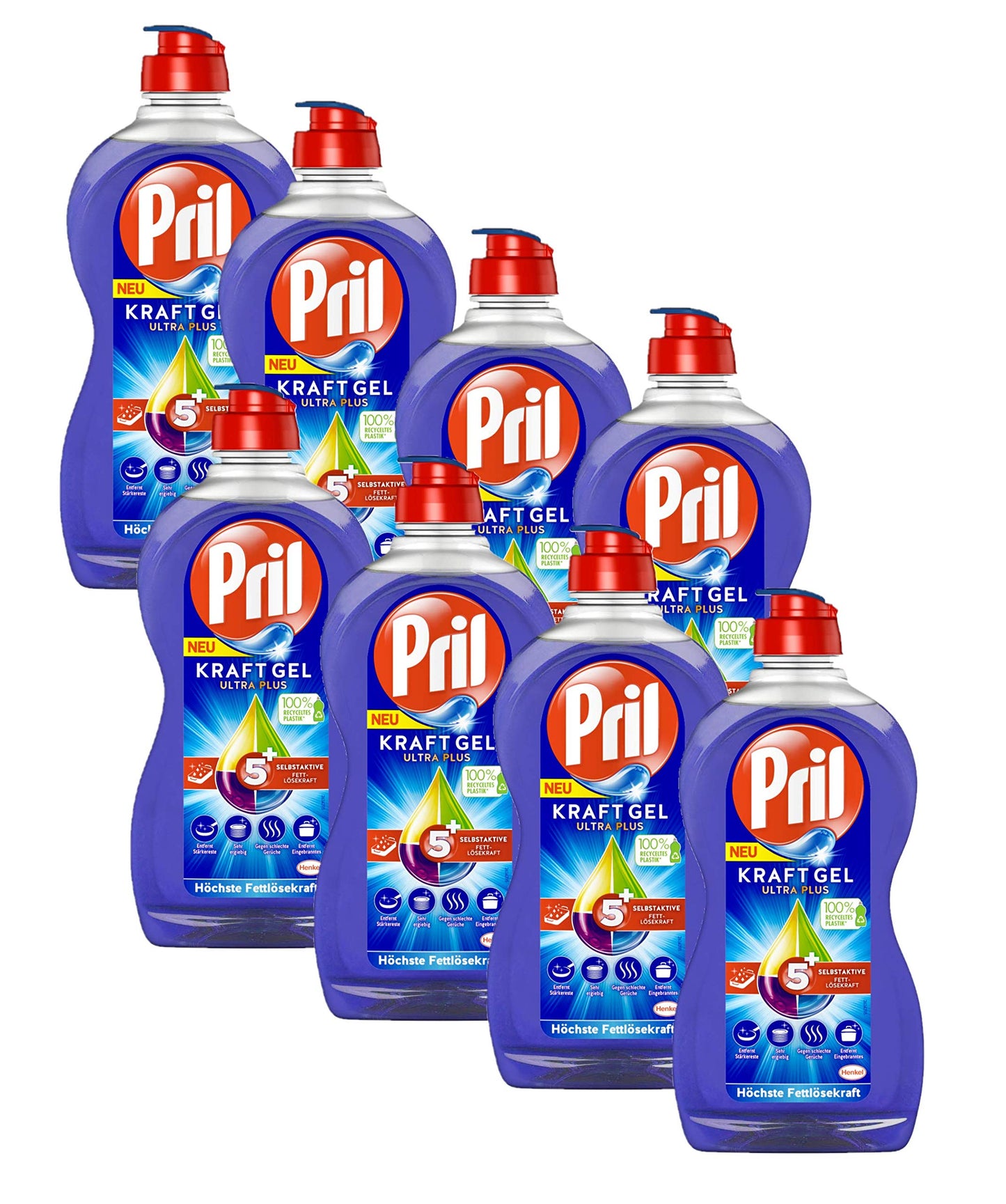 Trauku mazgāšanas līdzeklis Pril 5 Plus Kraftgel Ultra Plus, roku traukiem, 8 x 450 ml, ar pašaktīvu tauku šķīdināšanas spēku
