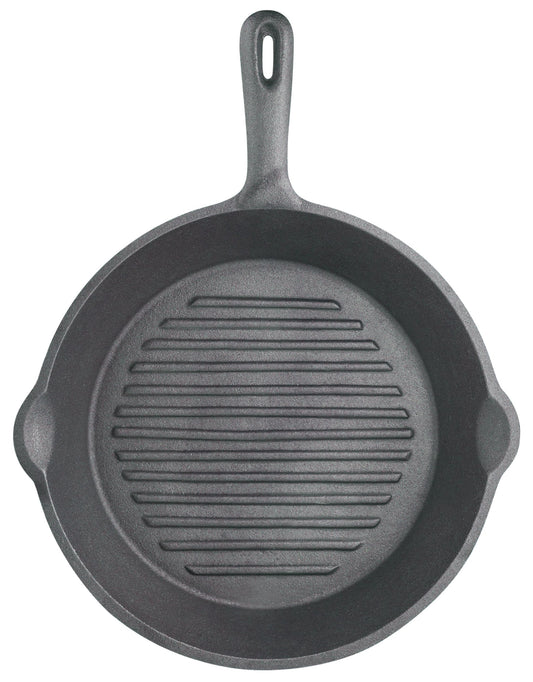 KitchenCraft čuguna grila panna - 24 cm, rievots dibens, melna, piemērota indukcijai, pārklāta, apaļa.