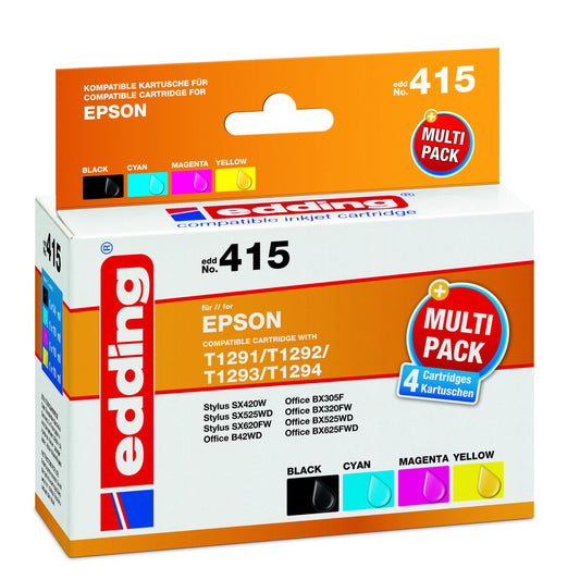 edding printera kasetne EDD-415 - Multipaka 4, melna, zila, magenta, dzeltena, 1x 14 ml + 3x 10 ml, aizstāj Epson T1291-T1294