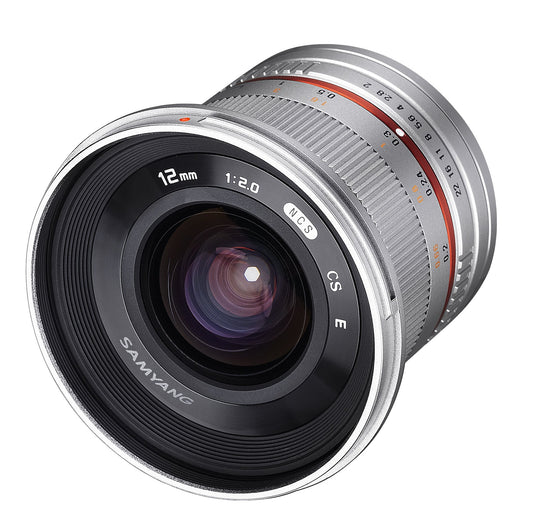 Samyang SY12M-FX-SIL 12 mm F2.0 ultra platleņķa objektīvs Fujifilm X-Mount kamerām, sudrabkrāsā