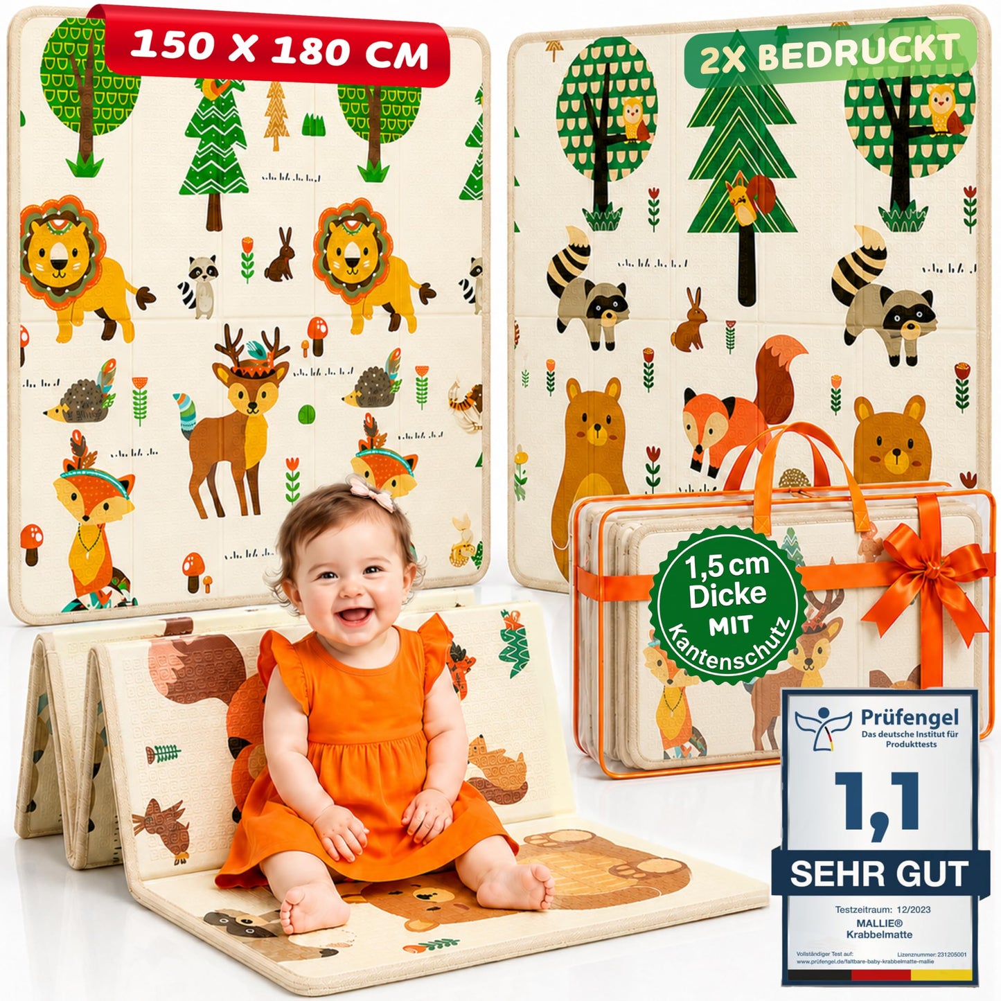 Mallie® salokāms bērnu rotaļu paklājiņš ar bezmaksas pārnēsāšanas somu 180x150x1,5cm, 100% BPA un bez kaitīgām vielām, abpusējs rāpošanas paklājs, bērnu spēļu sega