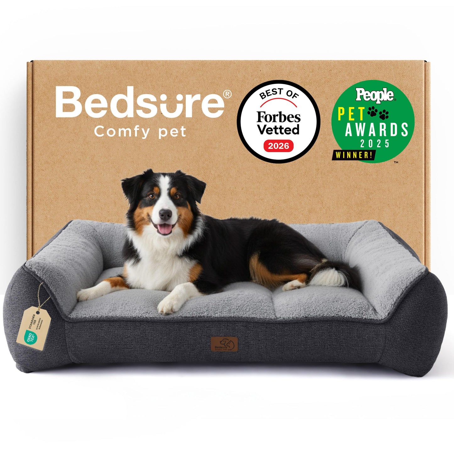 Liels suņu gulta BEDSURE mazgājama - 114x81x24 cm, īpaši bieza ortopēdiska suņu sofa ar ūdensnecaurlaidīgu pārvalku, neslīdoša, mīksts plīša Sherpa, tumši pelēka