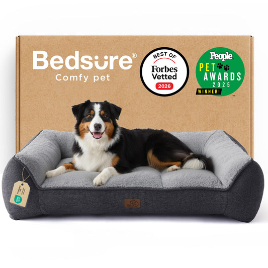 Liels suņu gulta BEDSURE mazgājama - 114x81x24 cm, īpaši bieza ortopēdiska suņu sofa ar ūdensnecaurlaidīgu pārvalku, neslīdoša, mīksts plīša Sherpa, tumši pelēka