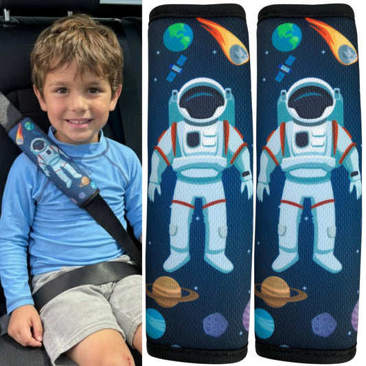 HECKBO 2x bērnu auto drošības jostas spilvens ar astronautu kosmosa motīvu, drošības jostas aizsargs meitenēm, bērniem un zīdaiņiem, piemērots jebkurai jostai, auto sēdekļiem, bērnu velosipēdu piekabēm