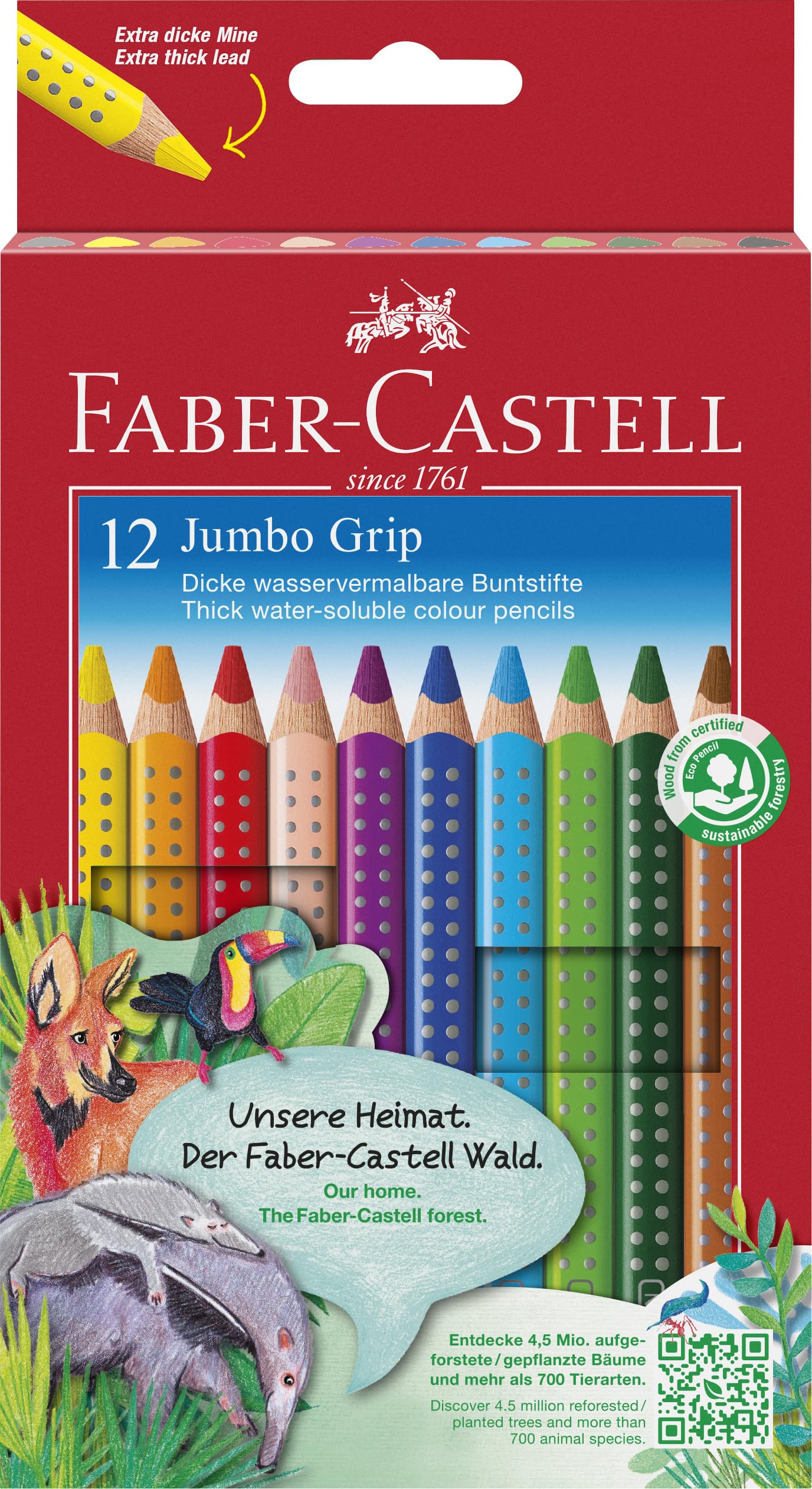 Krāsainie zīmuļi Faber-Castell Jumbo Grip, 12 gab. metāla kārbā