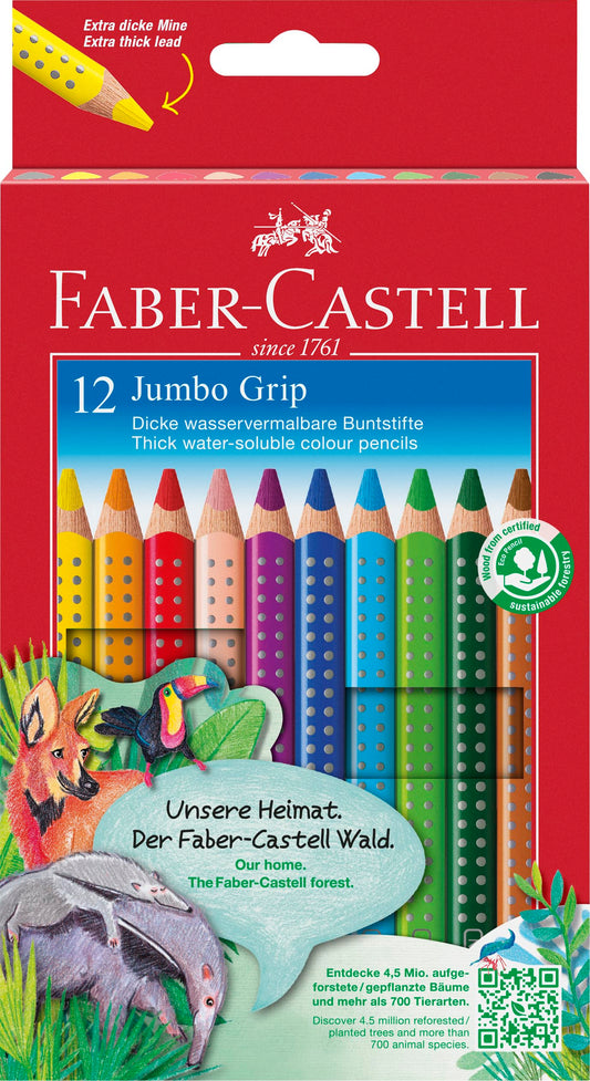 Krāsainie zīmuļi Faber-Castell Jumbo Grip, 12 gab. metāla kārbā