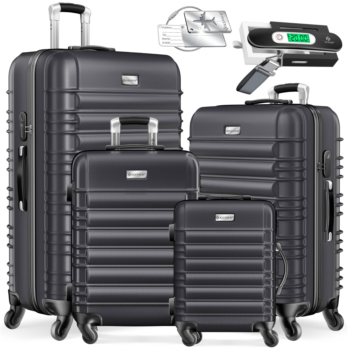 KESSER® 4 daļu koferu komplekts, cietā korpusa ceļojumu koferi S-M-L-XL, trolija koferis ar 4 ritenīšiem, ABS cietais korpuss, teleskopiskais rokturis, kofera svari un bagāžas birka, koferis ar slēdzeni, Anthrazit