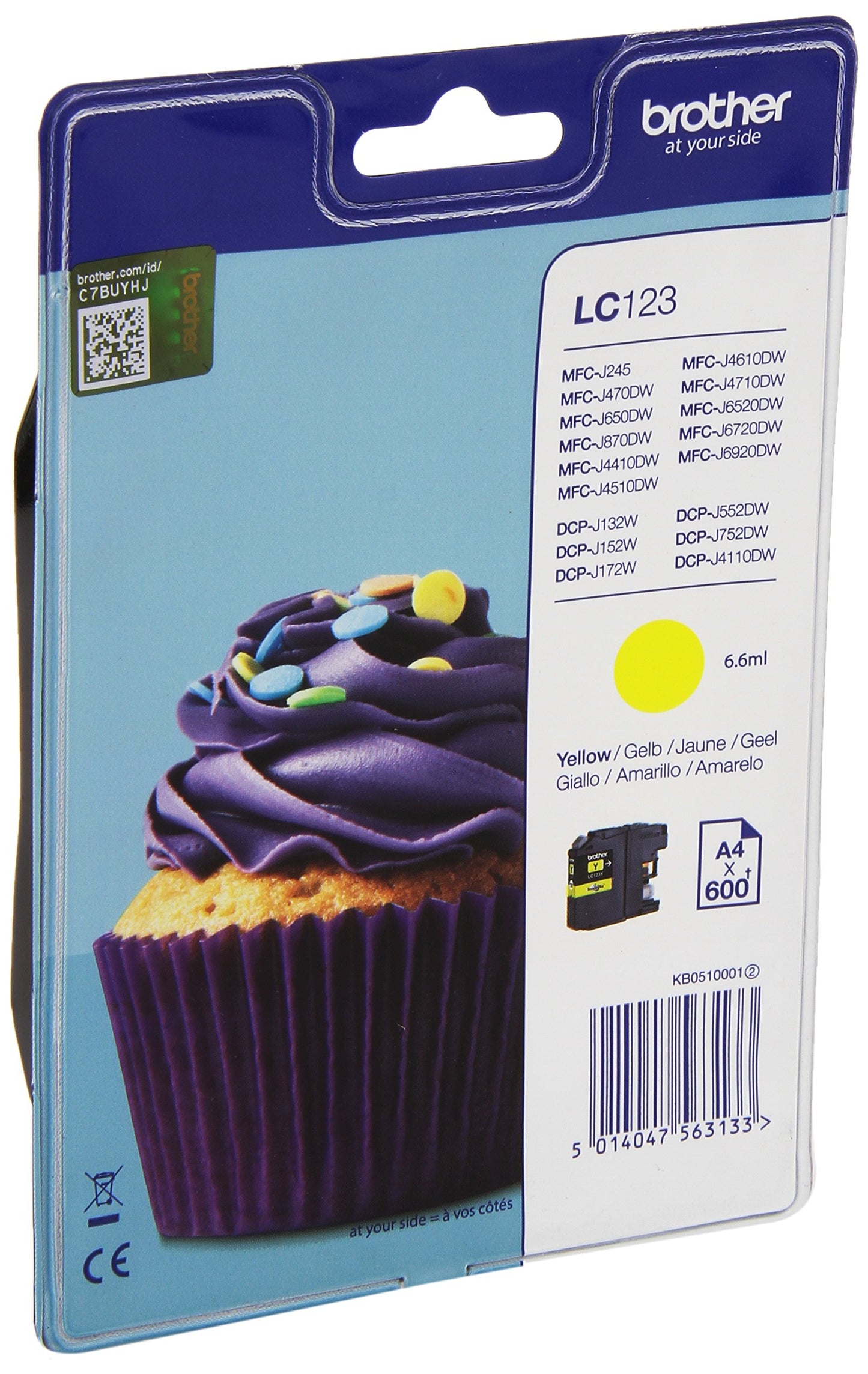 Brother LC-123YBP Yellow Ink Cartridge - Standard capacity, prints up to 600 pages, blister pack.