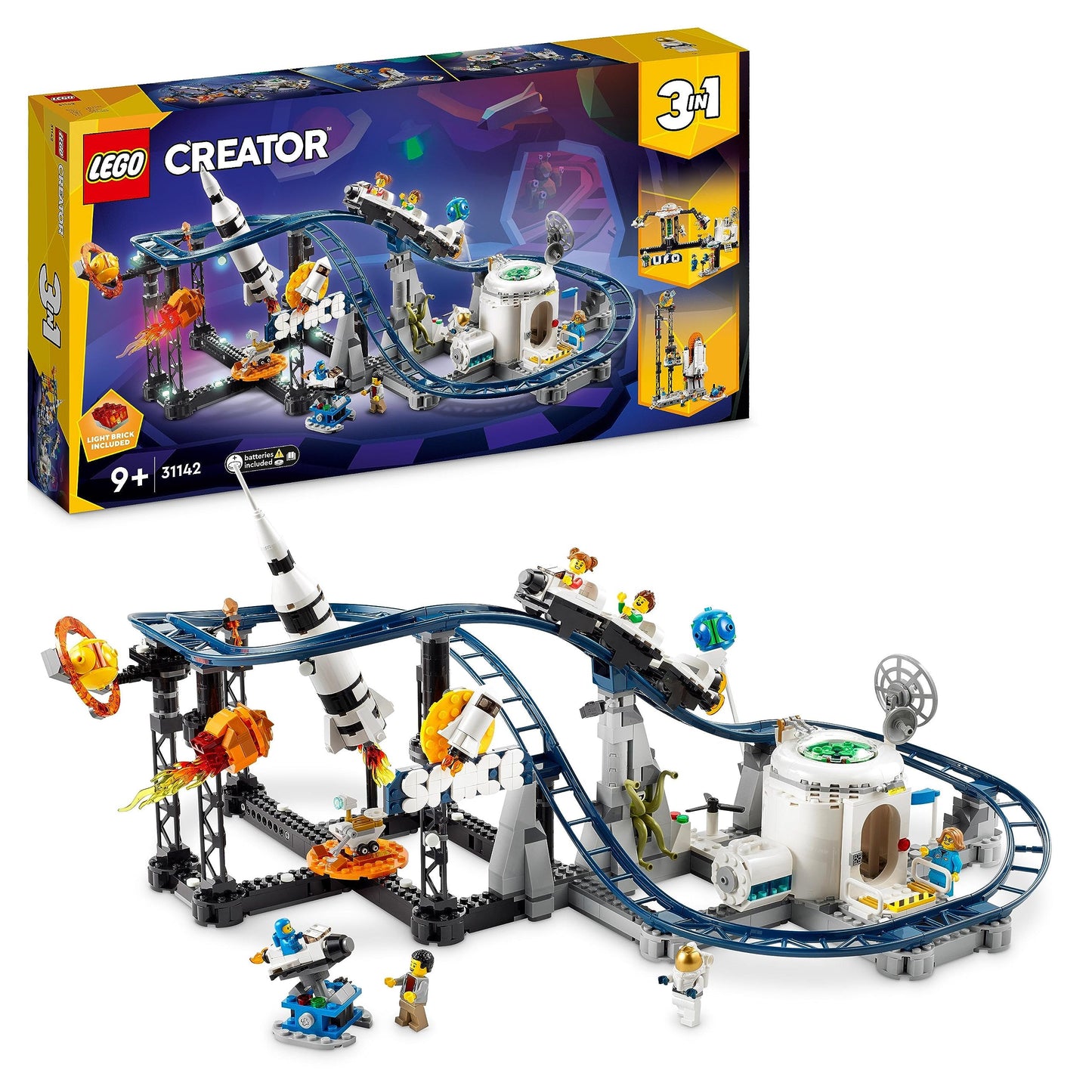 LEGO 31142 Creator 3-in-1 - Fun amusement park set with working rides, transformable into a drop tower or rocket carousel.