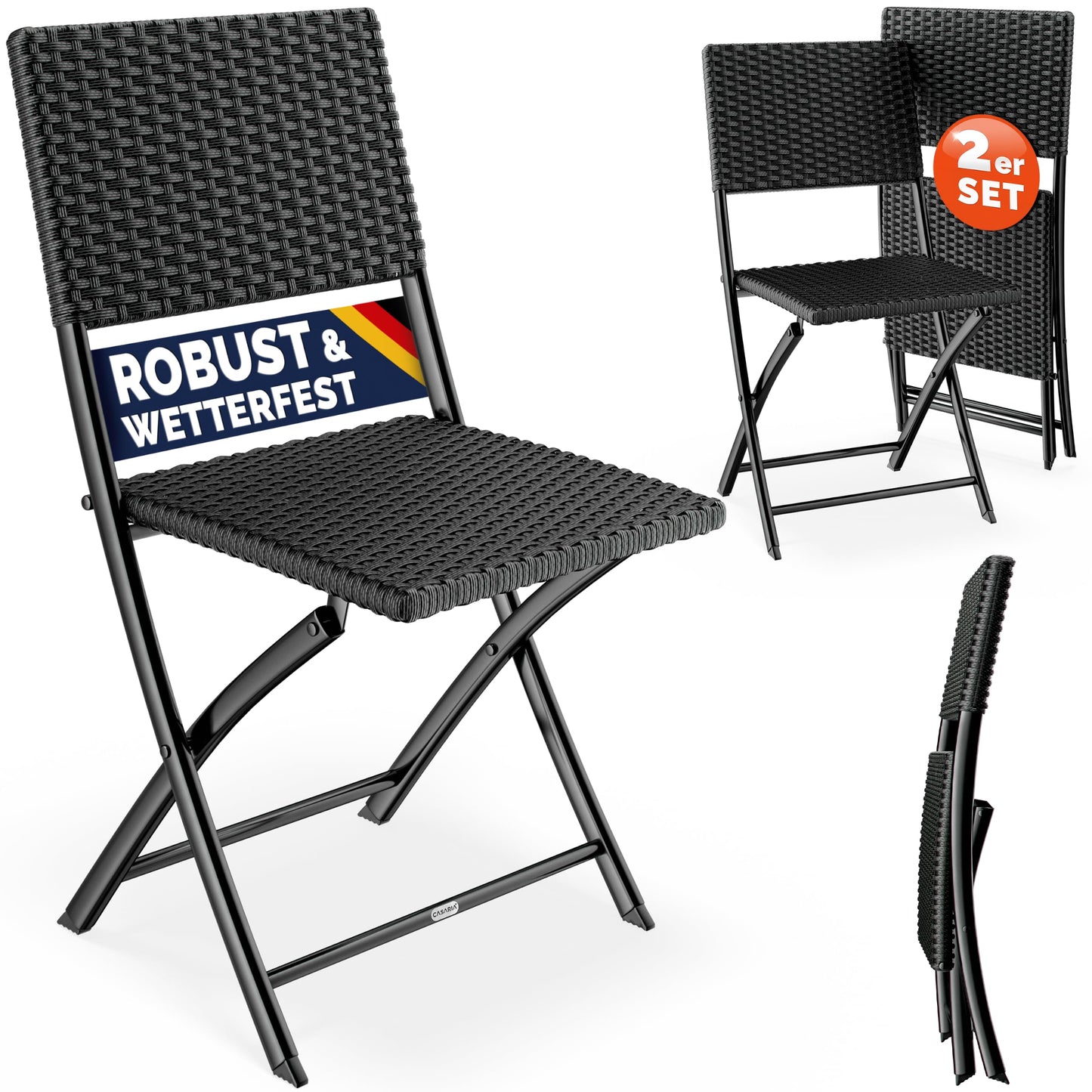 Casaria® poliratāna saliekamo krēslu komplekts 2 gab., izturība līdz 120kg, vietu taupošs, salokāms, viegli pārnēsājams, laikapstākļiem izturīgs, dārzam, terasei, balkonam, kempingam