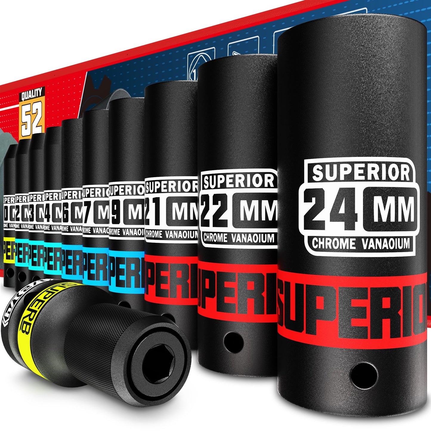 Triecienatslēgas uzgaļu komplekts KIRXST 1/2 colla, 10-24 mm, 11 daļas, garās trieciengalviņas ar adapteri 1/2 uz 1/4