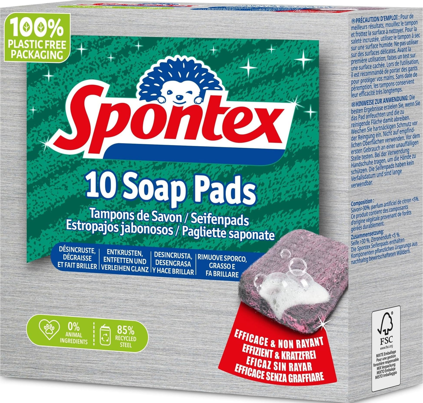 Spontex ziepju spilventiņi x10 iepakojums – skrāpējumus neradoši tērauda vates tīrīšanas spilventiņi ar 30% ziepju saturu, noturīgiem piekaltušiem netīrumiem un spēcīgiem, taukainiem netīrumiem