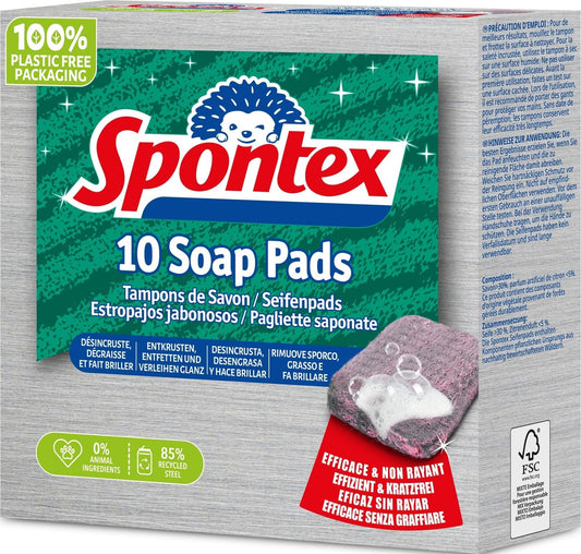 Spontex ziepju spilventiņi x10 iepakojums – skrāpējumus neradoši tērauda vates tīrīšanas spilventiņi ar 30% ziepju saturu, noturīgiem piekaltušiem netīrumiem un spēcīgiem, taukainiem netīrumiem