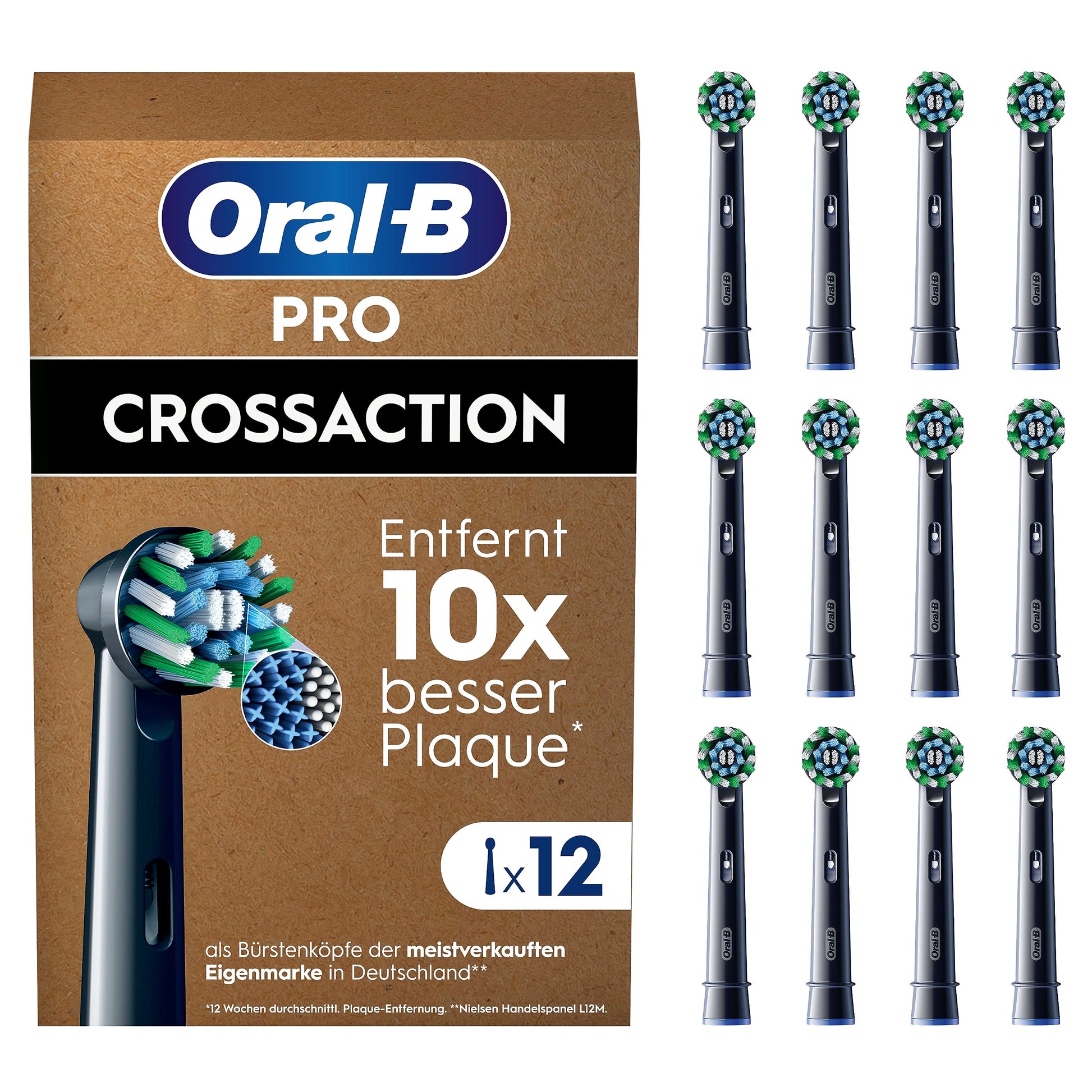 Oral-B Pro CrossAction uzgaļi — ORIĢINĀLA zobu birstes uzgaļa elektriskajai Oral-B Pro zobu birstei — rezerves birstes izcilai zobu tīrīšanai — Melns, 12 gab.