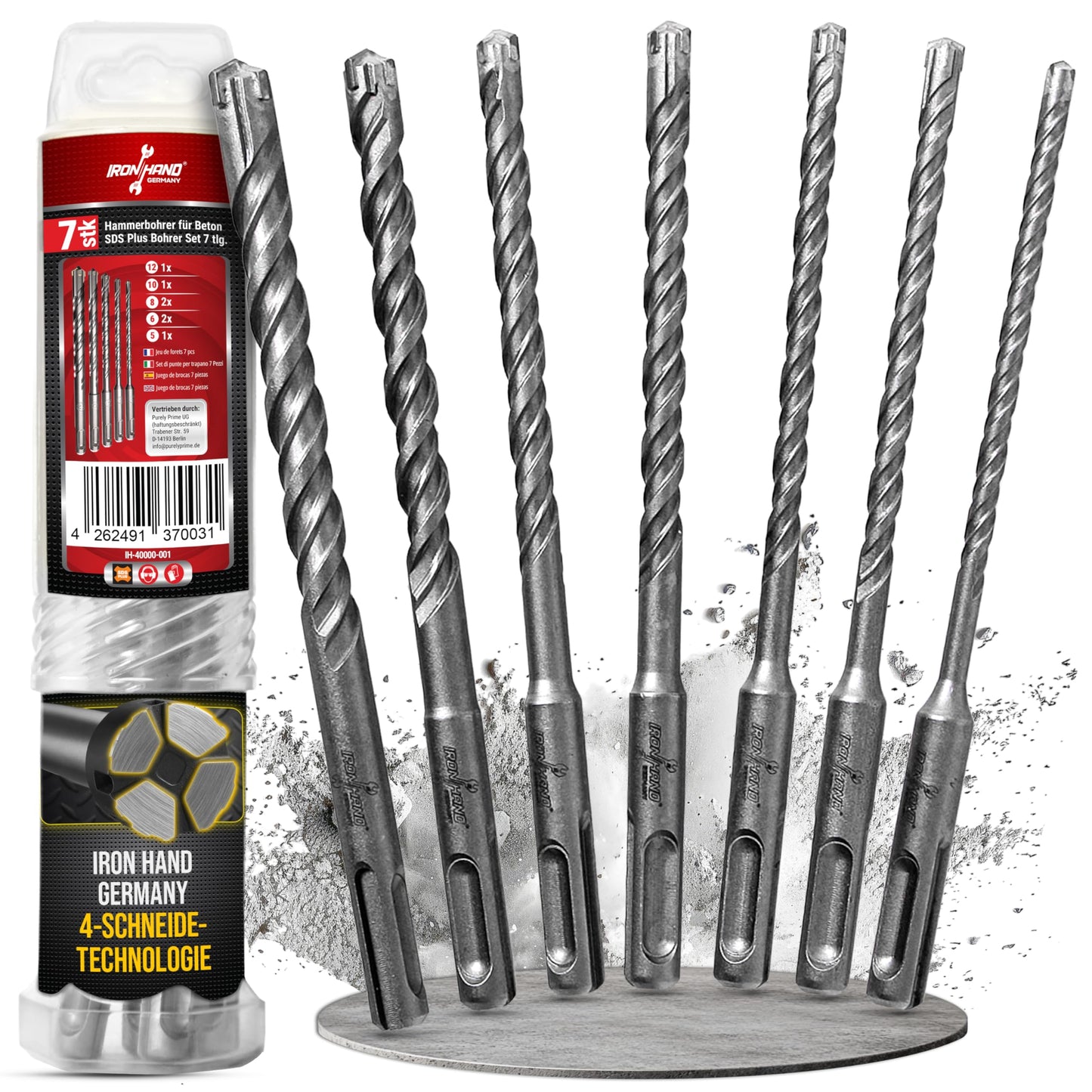 Iron Hand Germany SDS Plus urbju komplekts 7 gab., 5mm, 6mm, 6mm, 8mm, 8mm, 10mm, 12mm, betonam, dzelzsbetonam, mūrim, 4 karbīda griezēji, izturīgs