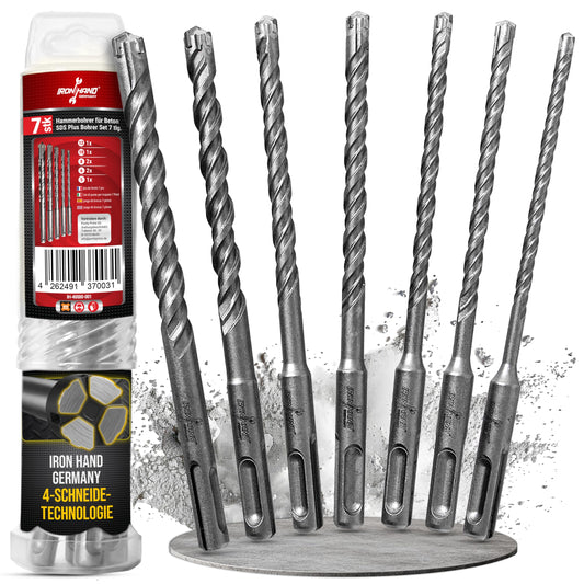 Iron Hand Germany SDS Plus urbju komplekts 7 gab., 5mm, 6mm, 6mm, 8mm, 8mm, 10mm, 12mm, betonam, dzelzsbetonam, mūrim, 4 karbīda griezēji, izturīgs