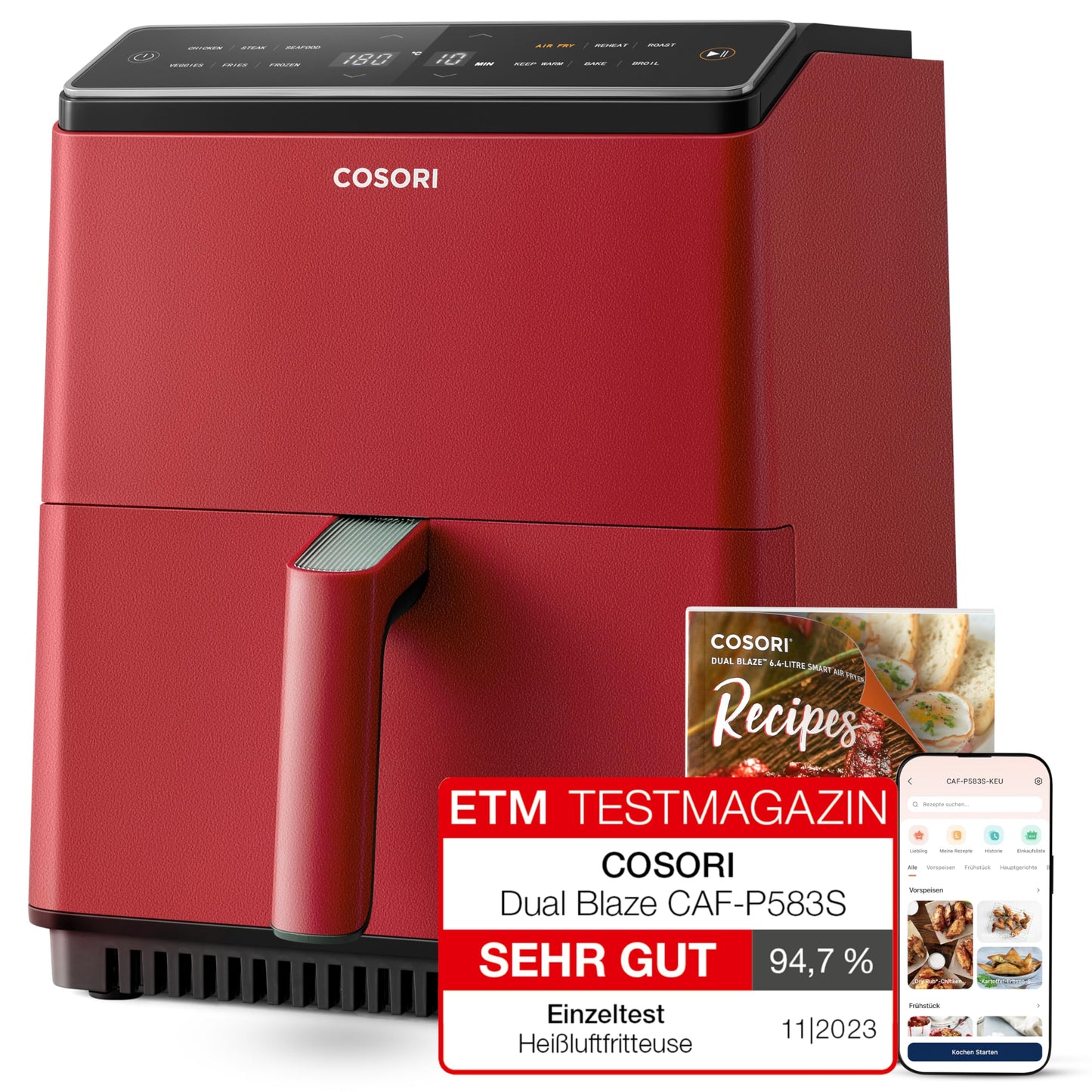 COSORI karstā gaisa fritieris XXL - Dual Blaze, 6,4 L, Wifi, 12 funkcijas, 1700W, pilna skārienekrāns, Ziemassvētku sarkans