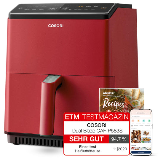 COSORI karstā gaisa fritieris XXL - Dual Blaze, 6,4 L, Wifi, 12 funkcijas, 1700W, pilna skārienekrāns, Ziemassvētku sarkans