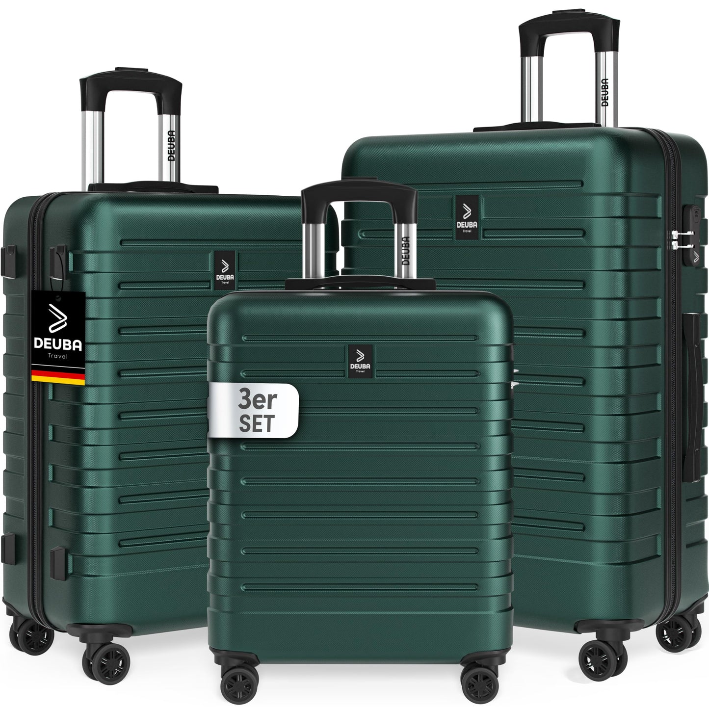 DEUBA TRAVEL koferu komplekts 3 daļīgs, cietā korpusa čemodāni, tumši zaļš
