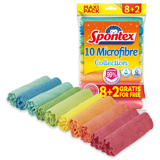 Spontex mikrošķiedras universālās salvetes 8+2 bez maksas, 1 iepakojums - krāsainas mikrošķiedras lupatiņas