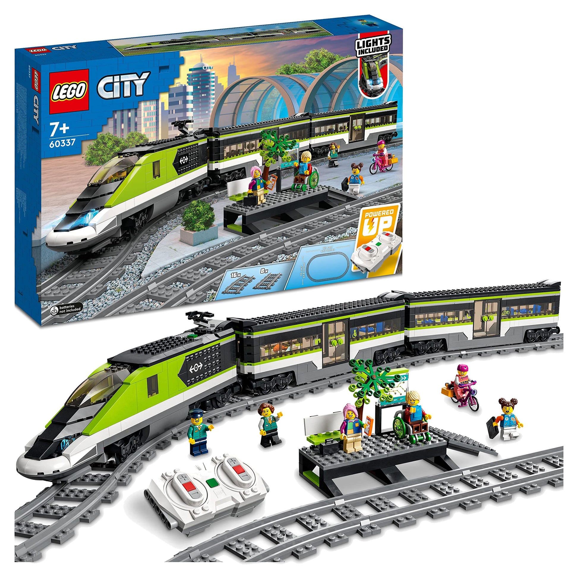 LEGO City pasažieru ātrvilciens 60337 - tālvadības vilciens, 2 vagoni, 24 sliežu elementi, priekšējie lukturi, dāvana bērniem.