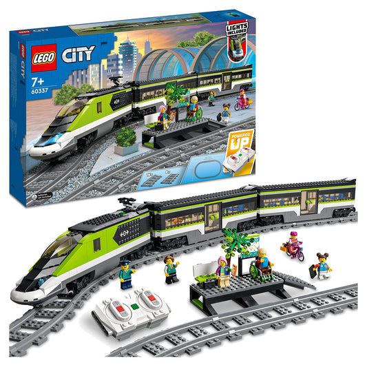 LEGO City pasažieru ātrvilciens 60337 - tālvadības vilciens, 2 vagoni, 24 sliežu elementi, priekšējie lukturi, dāvana bērniem.
