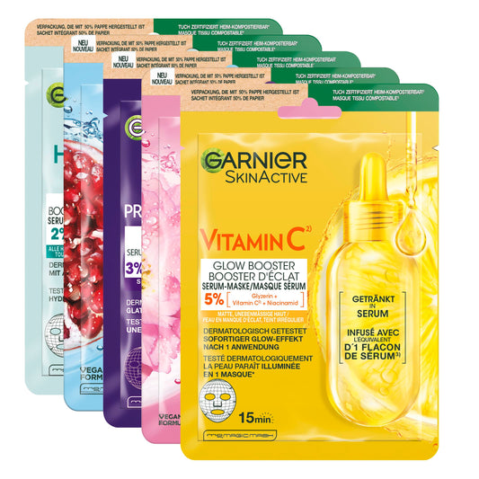 Auduma sejas masku komplekts Garnier SkinActive, mitrinošas sejas maskas, atsvaidzinošas, revitalizējošas, izlīdzinošas, mirdzumu pastiprinošas, 5 gab.