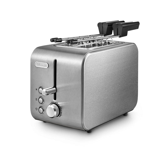 De'Longhi CTX2203.S tosteris ar knaiblēm, pakāpeniska brūnināšanas pakāpes kontrole, 3 funkcijas, drupaču atvilktne, neslīdošas kājas, jauda 550 vati, plastmasa, sudraba.