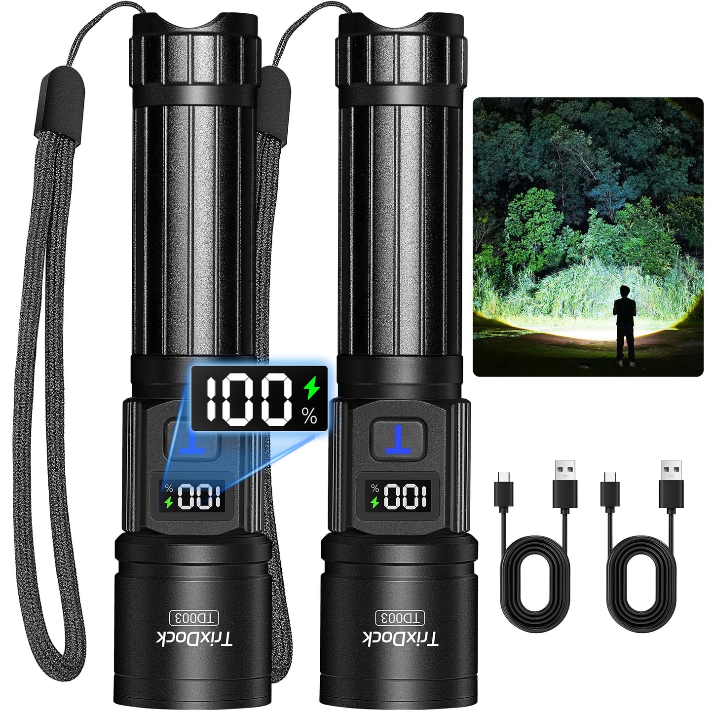 Lukturis LED uzlādējams, 2 gab., USB-C, zoom, LCD displejs, 5 režīmi