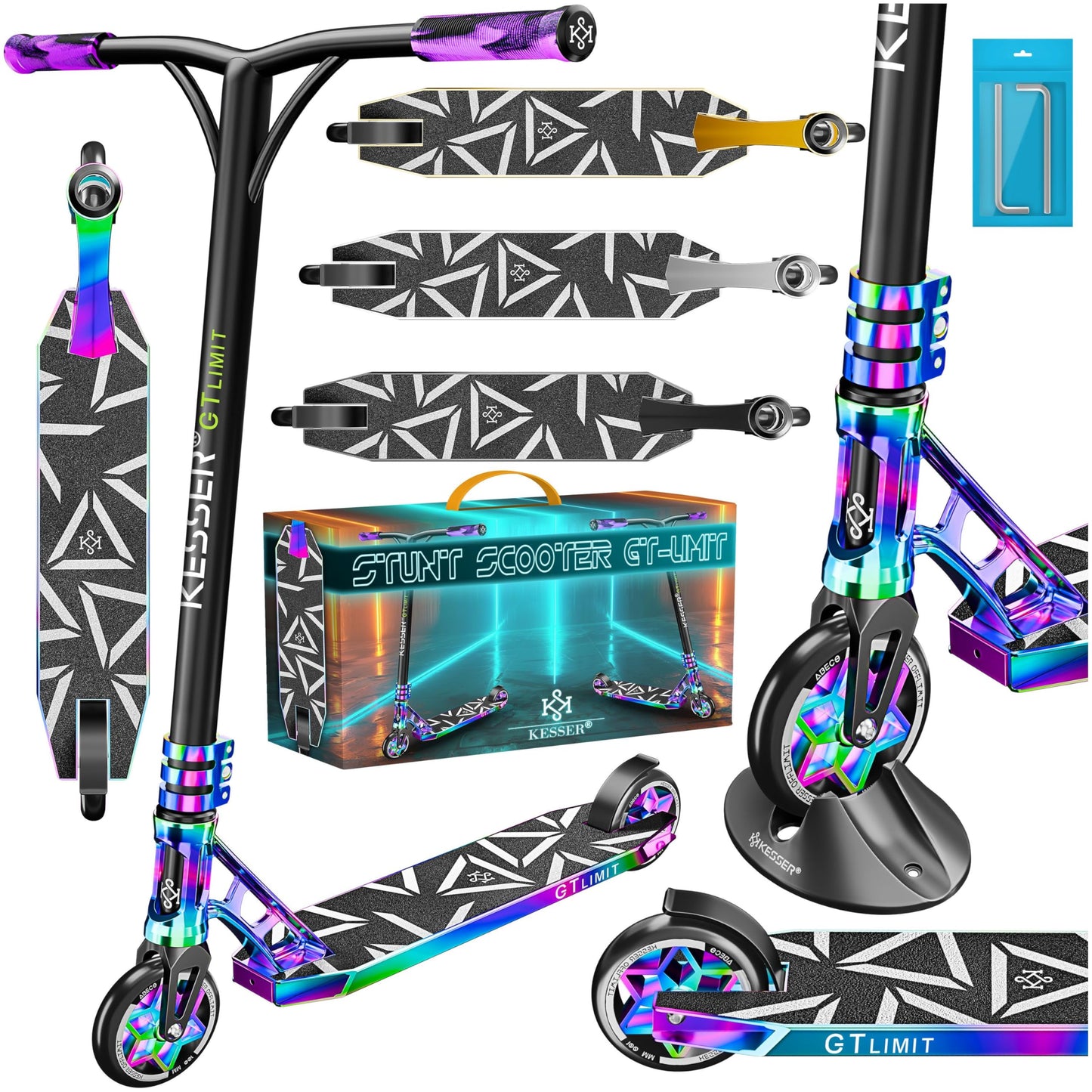 KESSER® triku skrejritenis GT-Limit ar 360° stūrēšanu, Funscooter triku skrejritenis ar statīvu, ABEC 9 lodīšu gultņiem, 110 mm PU riteņiem, kick skrejritenis pilsētai un trikiem bērniem un pieaugušajiem