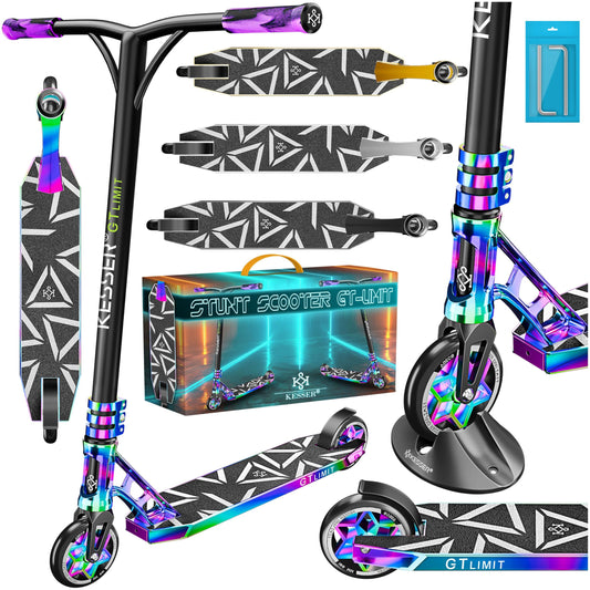 KESSER® triku skrejritenis GT-Limit ar 360° stūrēšanu, Funscooter triku skrejritenis ar statīvu, ABEC 9 lodīšu gultņiem, 110 mm PU riteņiem, kick skrejritenis pilsētai un trikiem bērniem un pieaugušajiem