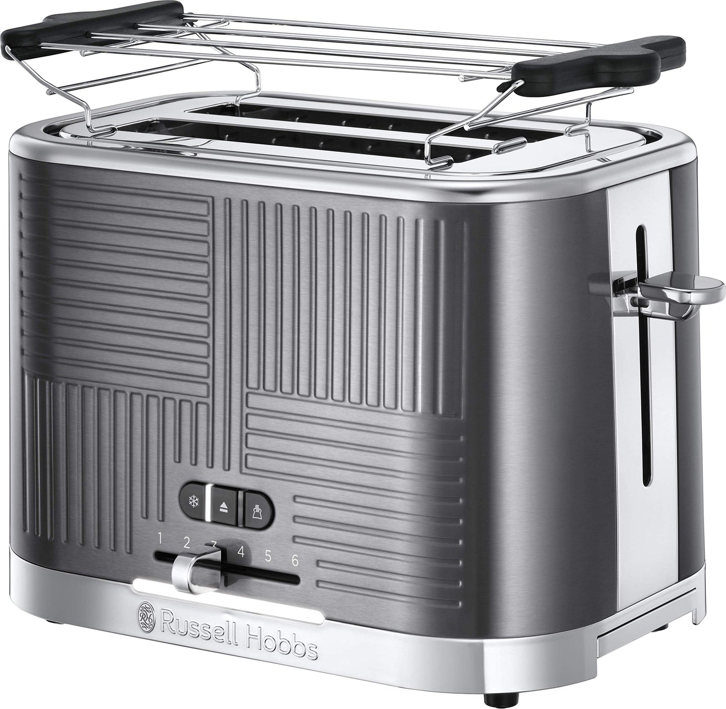 Russell Hobbs tosteris [2 šķēlēm] Geo nerūsējošā tērauda pelēks (paplašinātas tosta atveres, ieskaitot maizīšu uzlikumu, 6 brūnināšanas līmeņi + atkausēšanas un uzsildīšanas funkcija, ātrā tosta tehnoloģija, 1640W) 25250-56