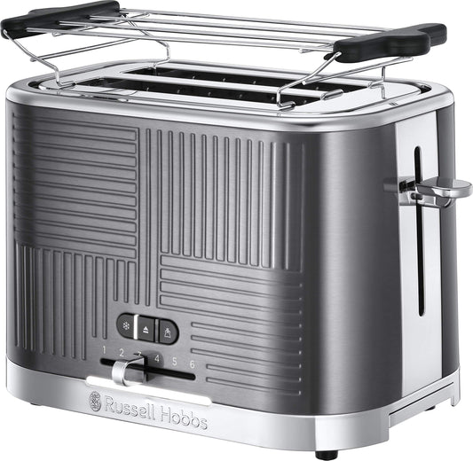 Russell Hobbs tosteris [2 šķēlēm] Geo nerūsējošā tērauda pelēks (paplašinātas tosta atveres, ieskaitot maizīšu uzlikumu, 6 brūnināšanas līmeņi + atkausēšanas un uzsildīšanas funkcija, ātrā tosta tehnoloģija, 1640W) 25250-56