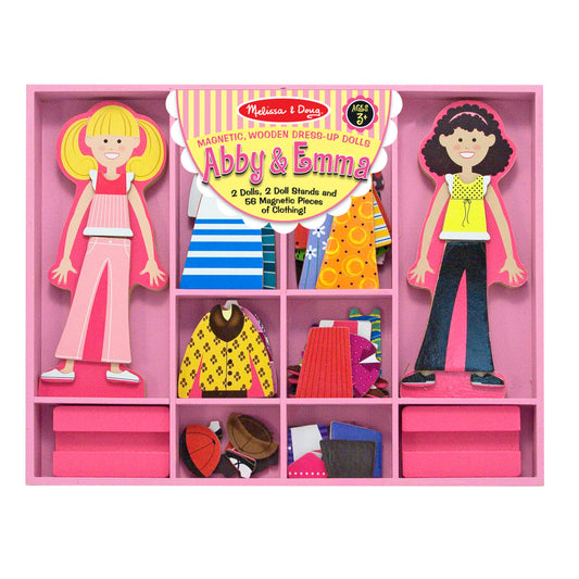 Melissa & Doug magnētiskās koka lelles - Ebija un Emma, krāsainas, magnētiskas, rotaļlietas bērniem.